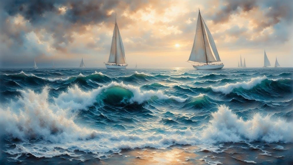 Modern Sailor Amidst Turbulent Sea in Watercolor Style