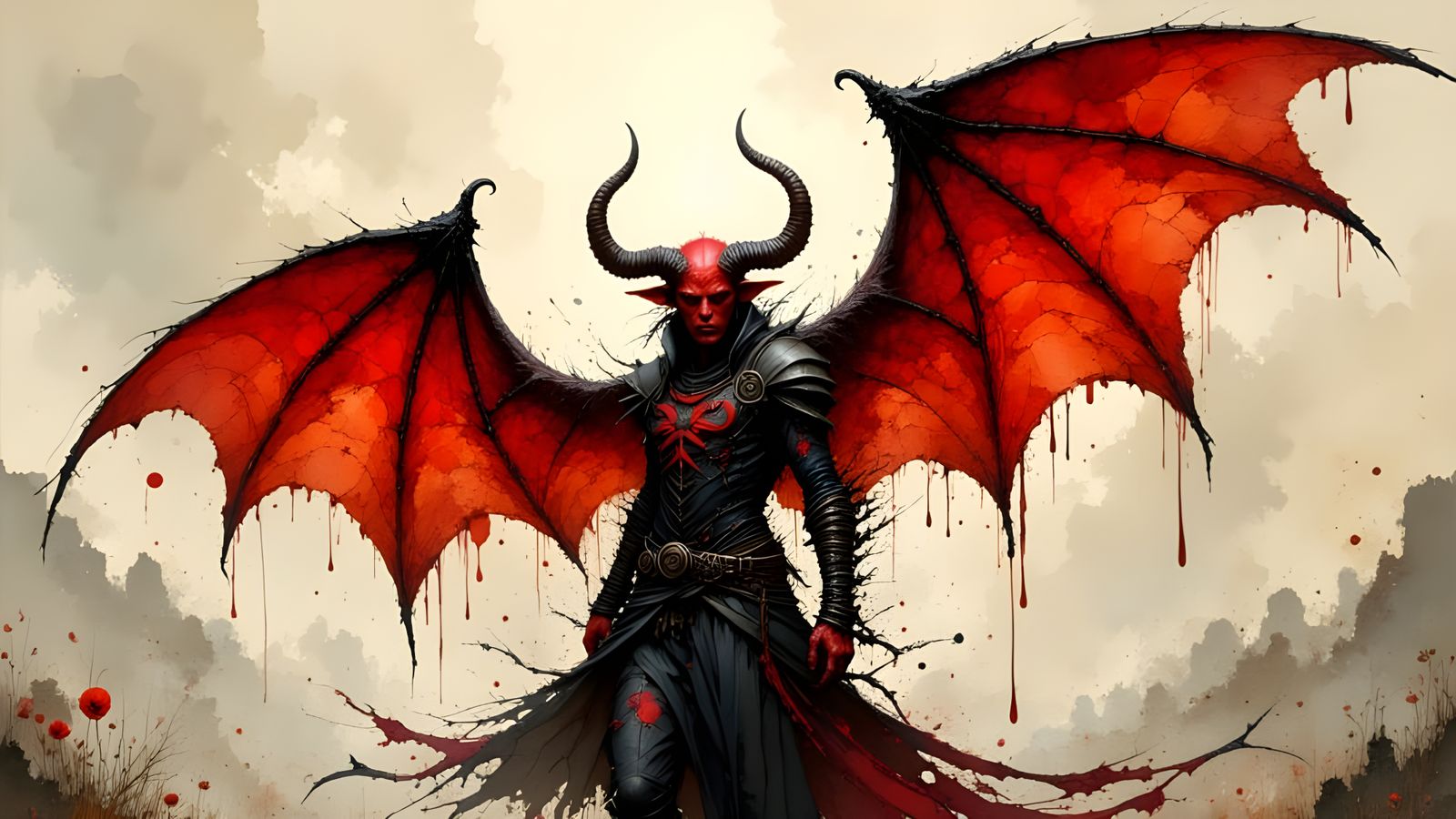 Red-Skinned Tiefling with Majestic Wings in Dreamlike Style