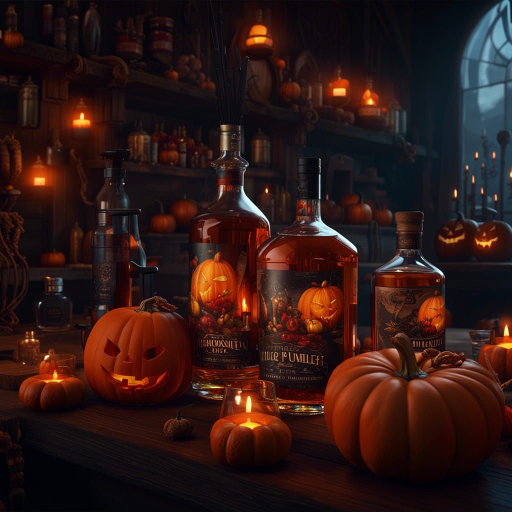 Halloween Still Life with Pumpkins and Liquor