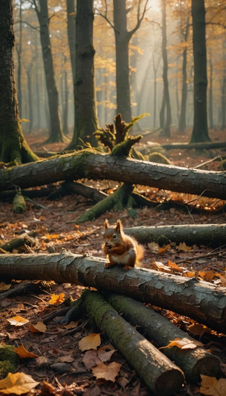 Red Squirrel in Autumn Forest, Post-Impressionist Style