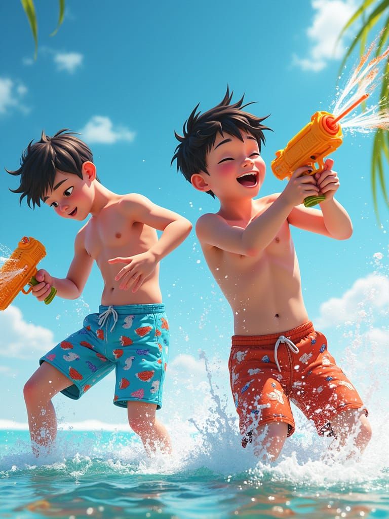 Vibrant Water Gun Fight Scene in Anime-Inspired Style