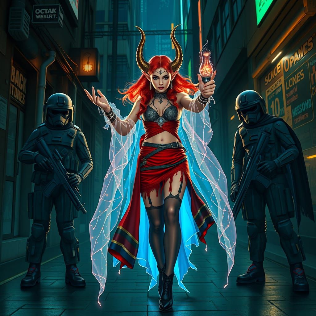 Cyberpunk Elven Magician Confronts Corporate Soldiers in Dar...