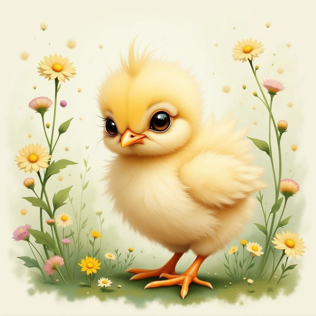 Surreal Baby Hen in Whimsical Watercolor Style