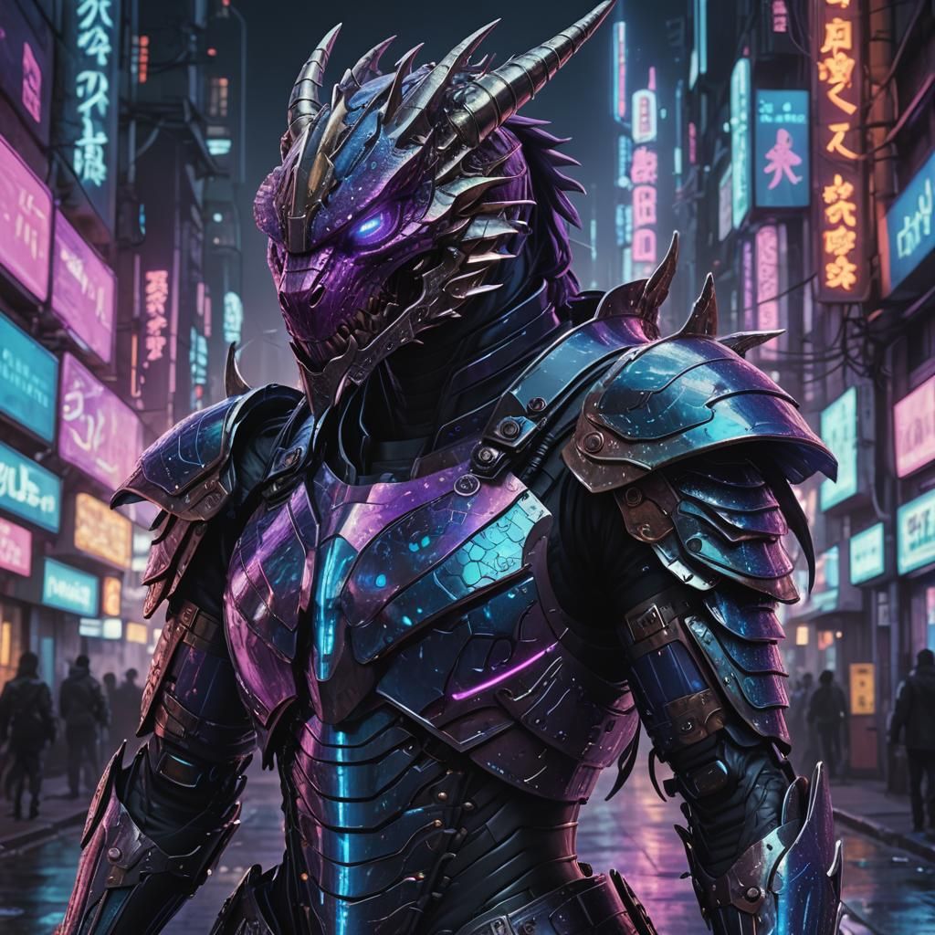 Cyberpunk Dragon Warrior in Dystopian City