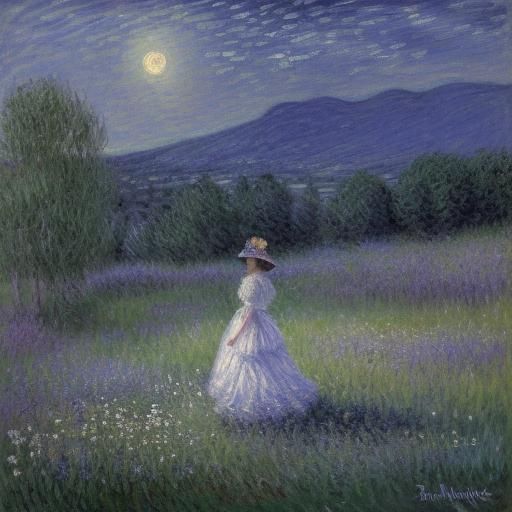 Impressionist Nocturne: Butterflies in a Moonlit Field