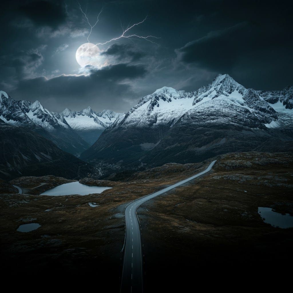 Dramatic Snowy Mountain Road Under Lightning Sky