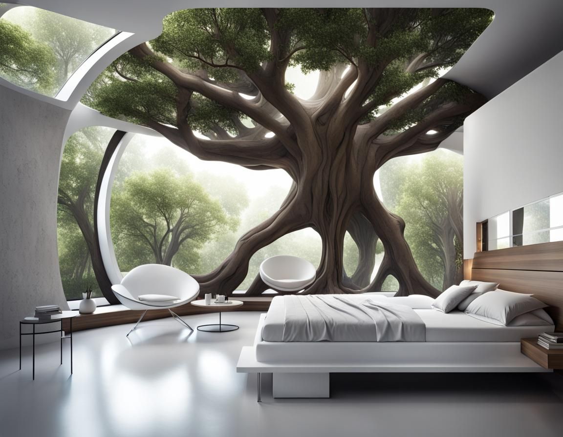 Futuristic Room with Fig Tree in Abstract Design