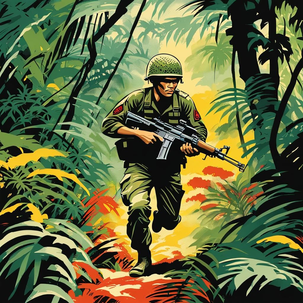 Vietnam War Soldier Running Through Jungle