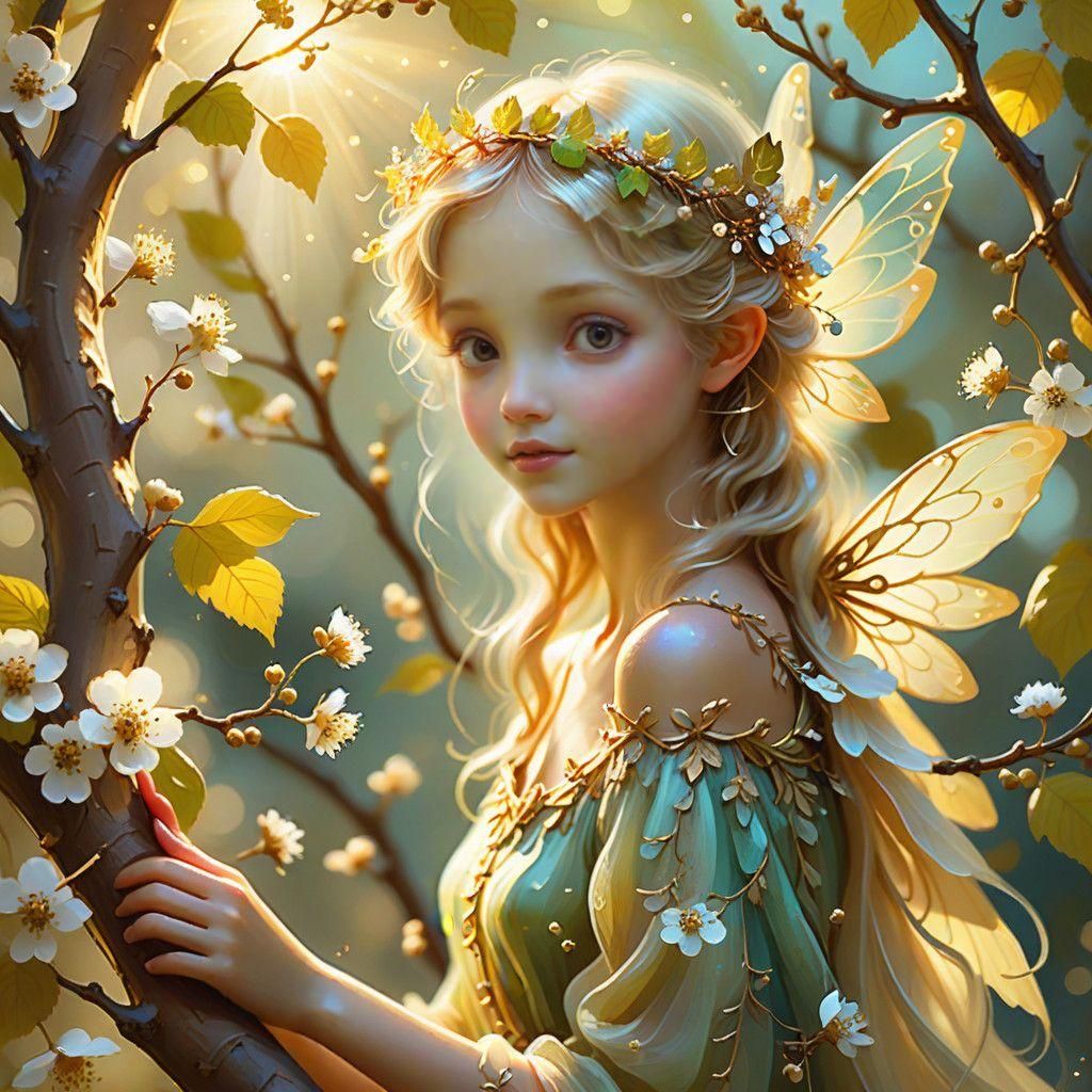 Whimsical Mullberry Tree Fairy in Enchanted Woodland Scene