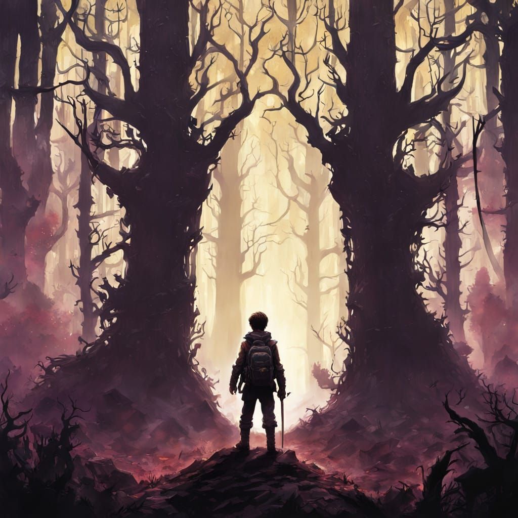 Young Adventurer Confronts Dark Forest Giants in Cyberpunk D...