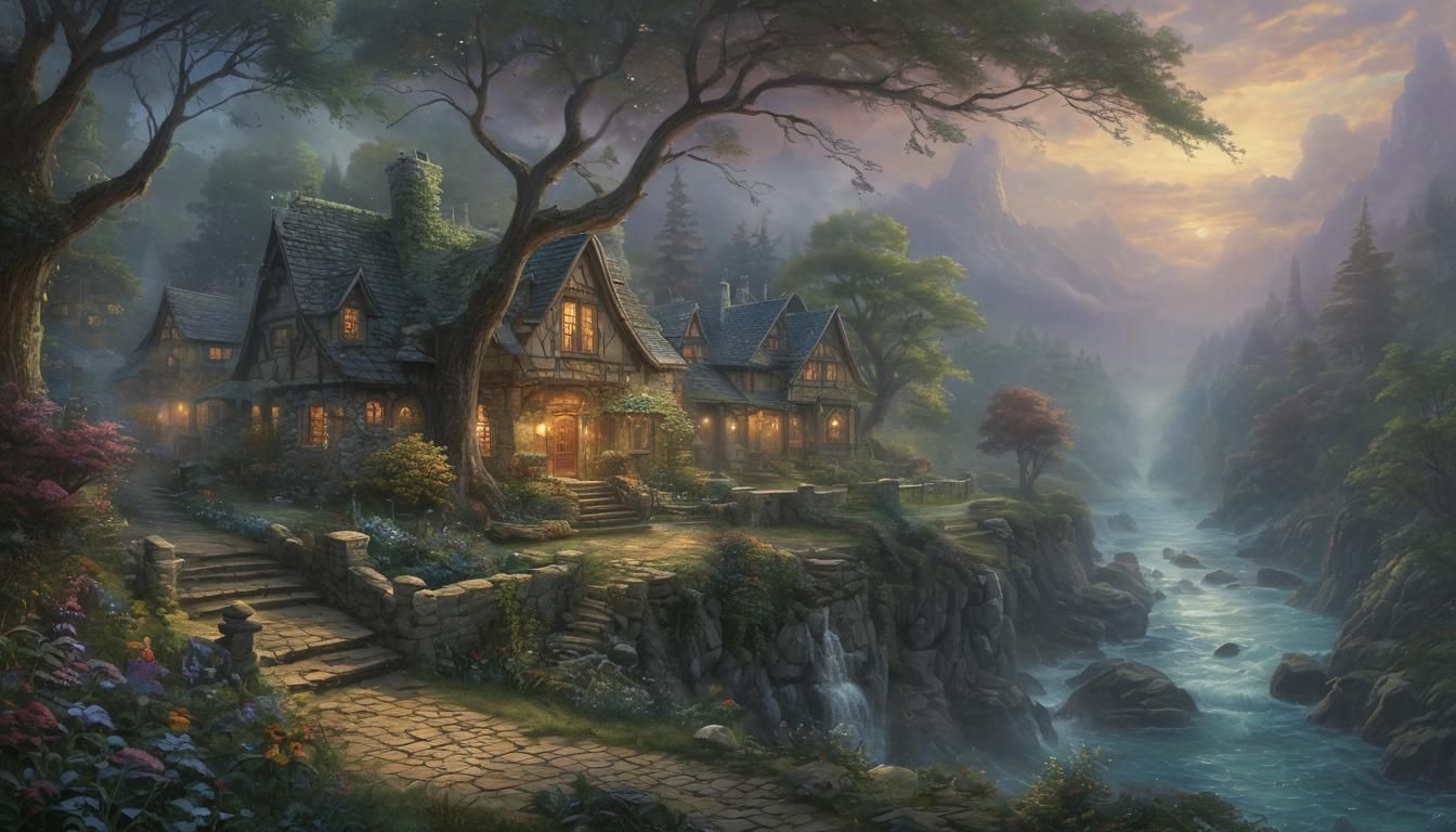 Ethereal Fantasy Scene in Thomas Kinkade Style