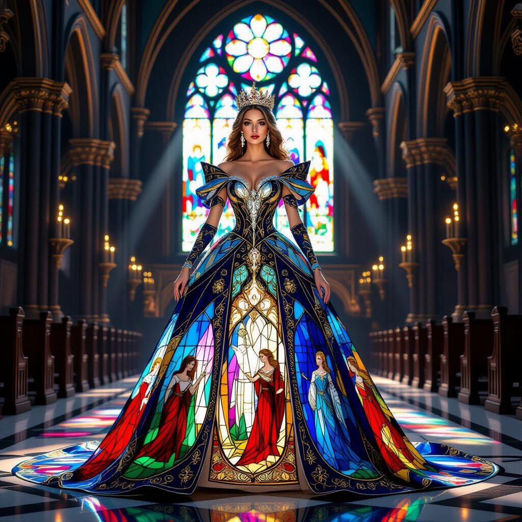 Regal Queen in Stained Glass Gown in Gothic Cathedral