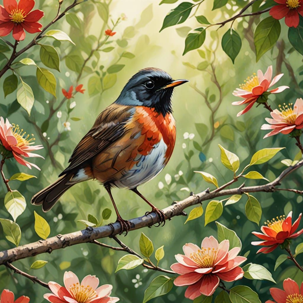 Whimsical Red Robin Perched on Blooming Branch
