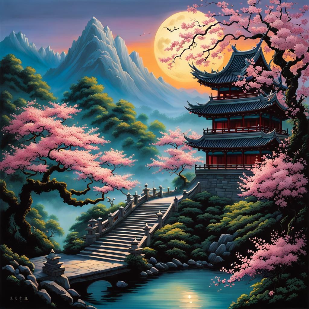 Mountain Temple with Dragons in Chinese Painting Style