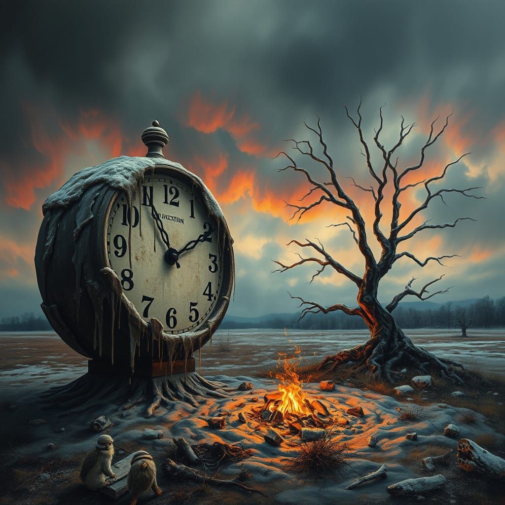 Melting Clock on Desolate Plain in Abstract Style