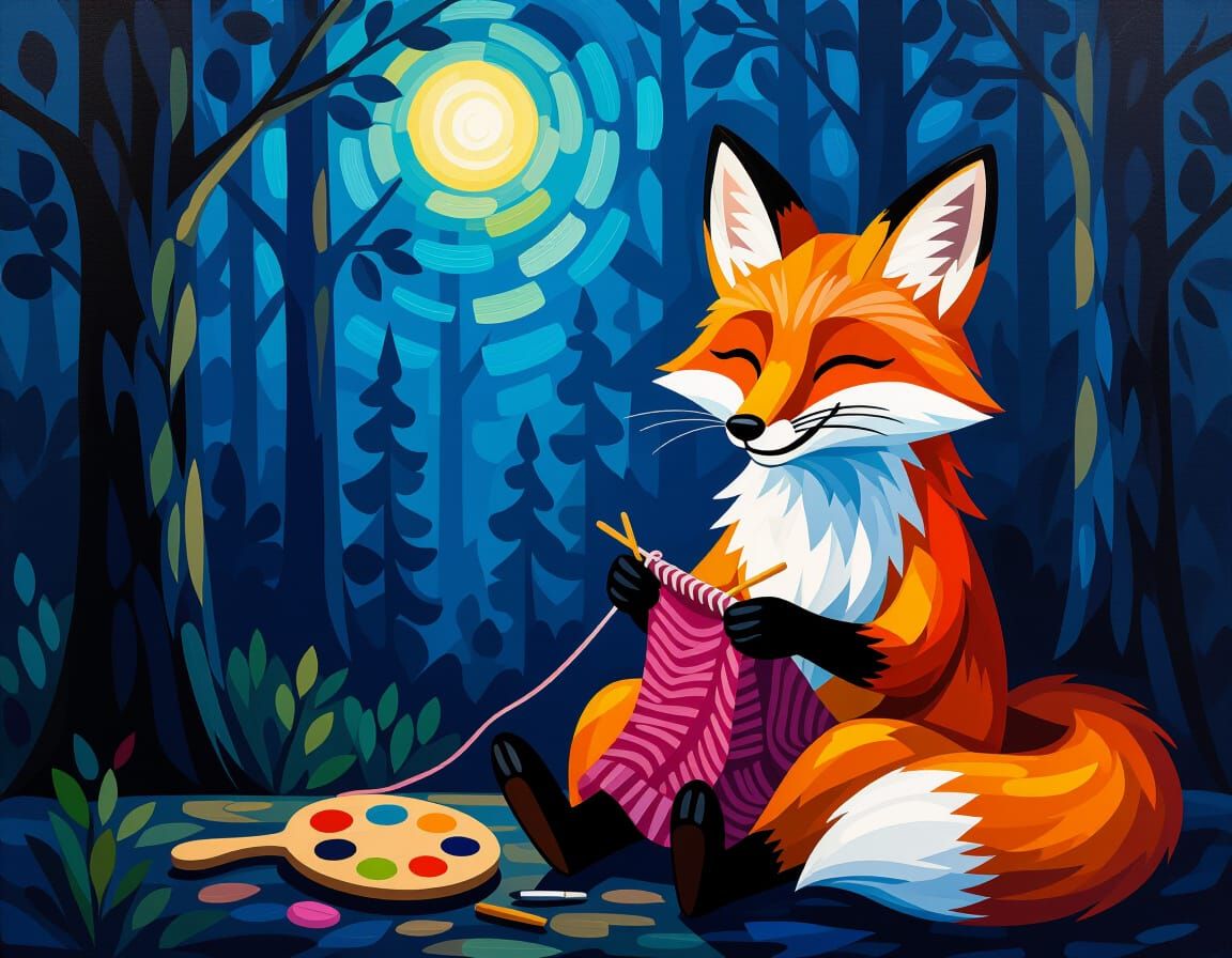 Smiling Fox Knits in Ethereal Forest Night