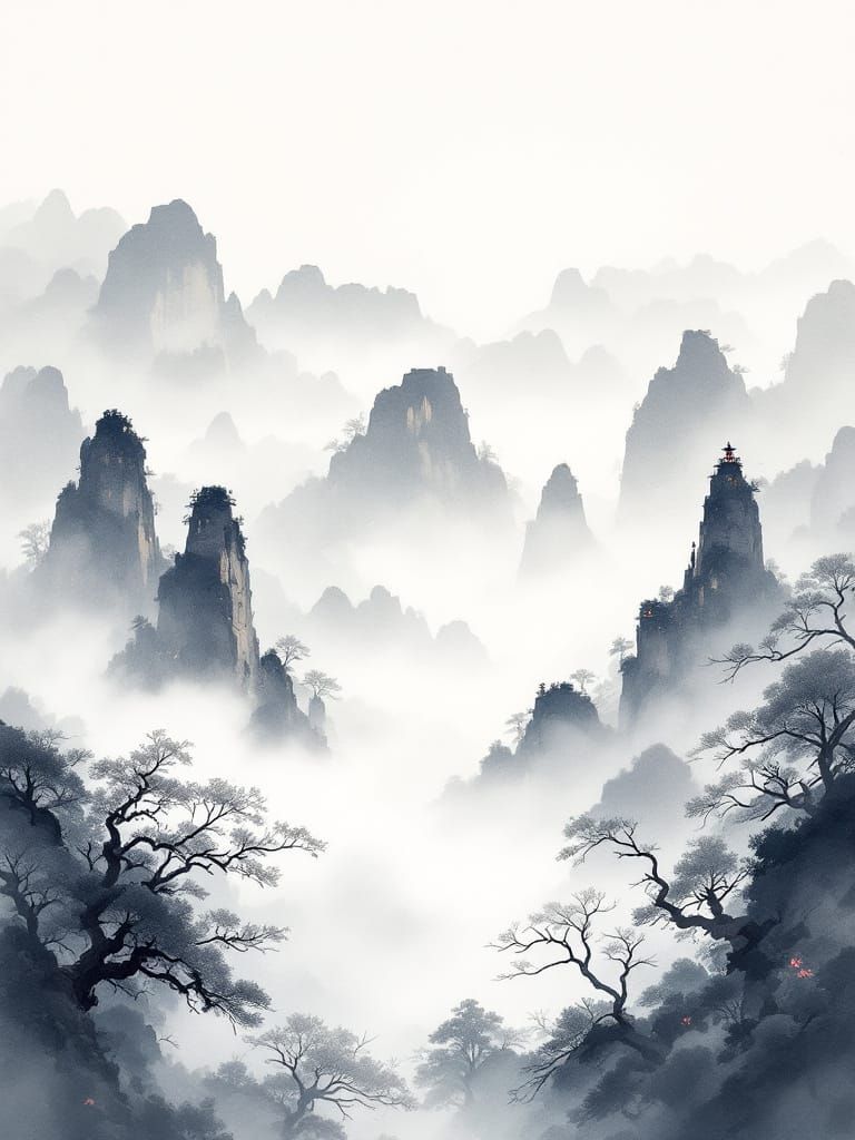 Chinese Ink Watercolor Painting of Guilin Mountains