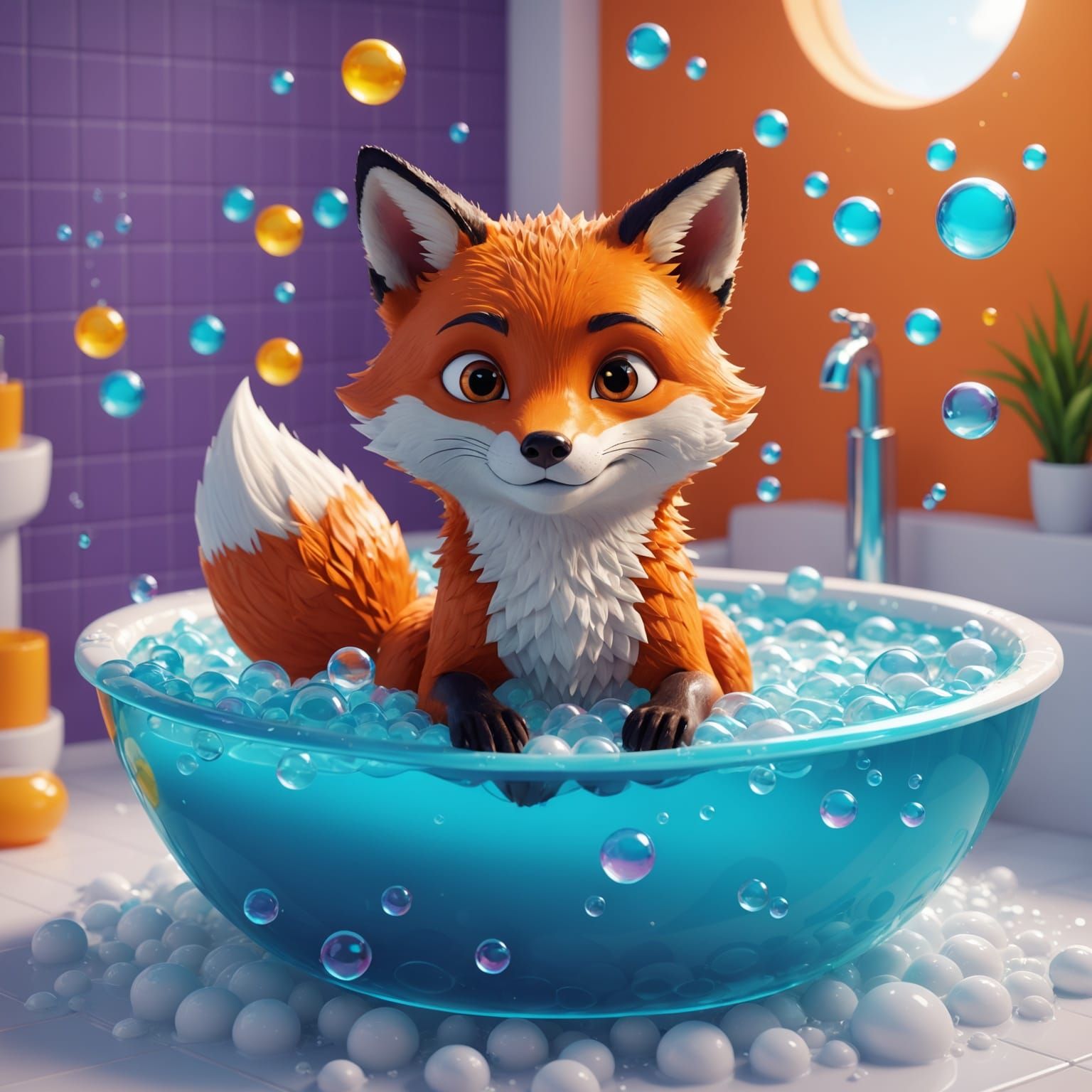 Relaxed Fox in Bubble Bath: 3D Digital Art