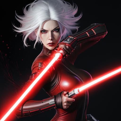 Fierce Woman Warrior with Lightsaber in Hyperrealistic Style