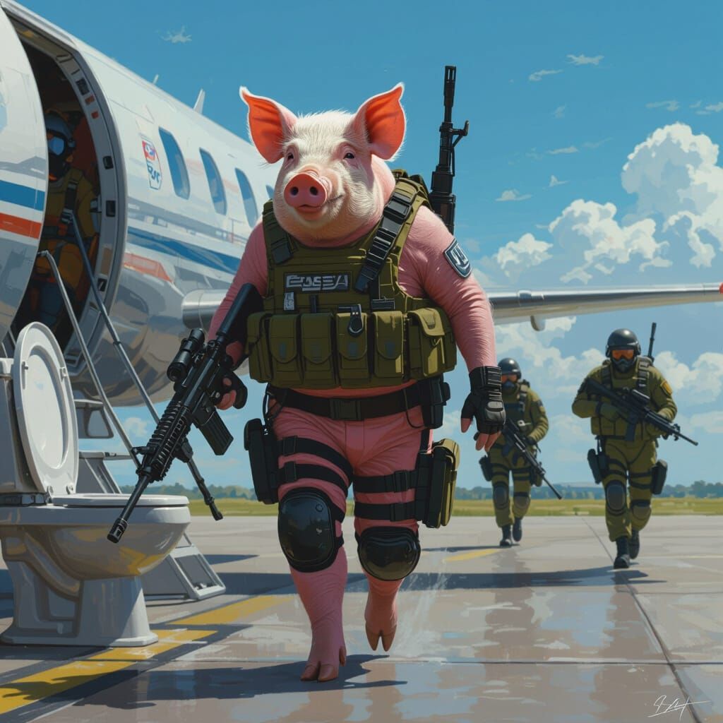 Tactical Pig on a Plane in Futuristic Realism Style