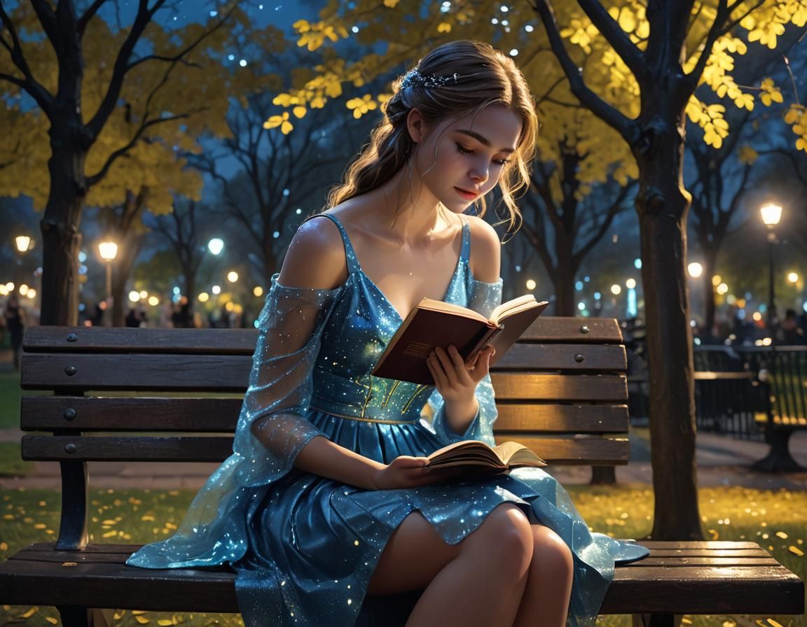 Woman Reading at Night in Neon Lit Park