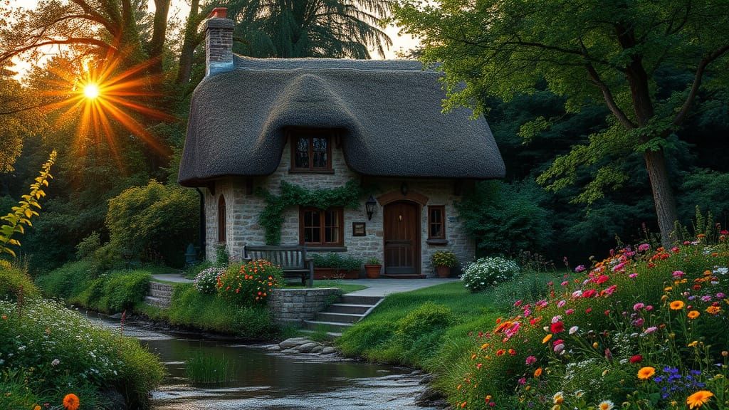 Thatched Cottage at Sunset