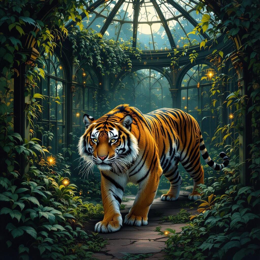 Golden Filigree Tigress in Bioluminescent Victorian Conserva...