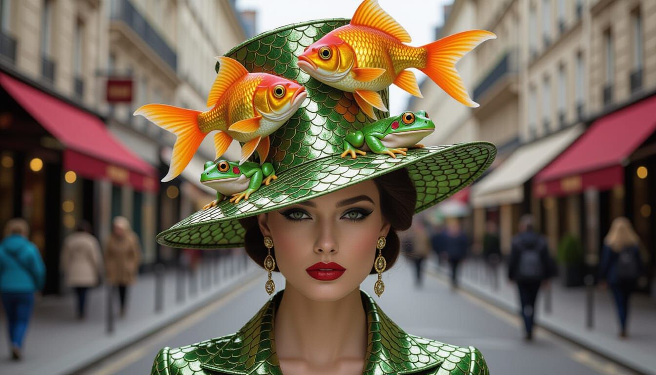 Paris Model Wears Avant-Garde Goldfish and Frog Hat