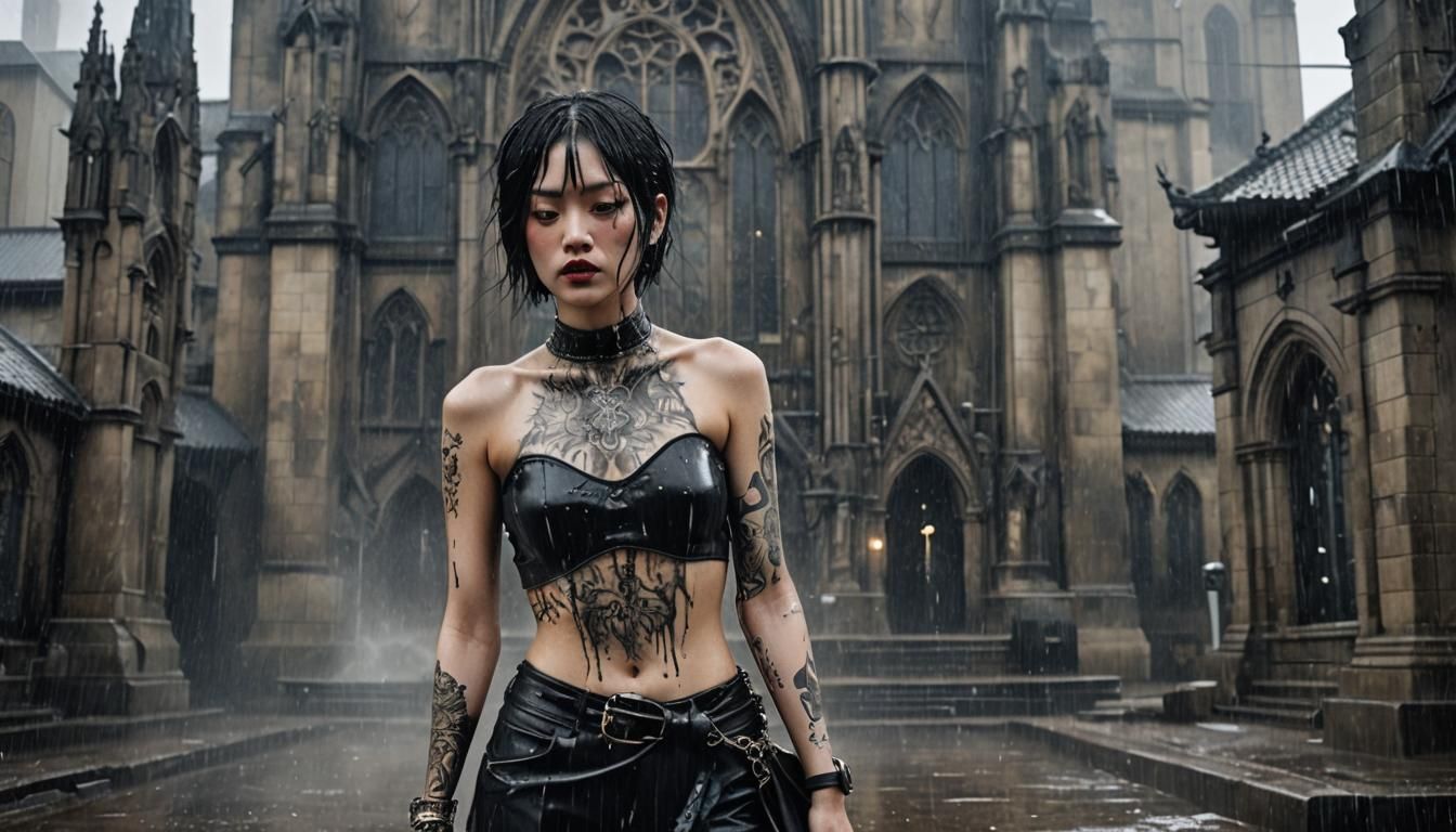 Gothic Tattooed Woman in Rainy Dystopian Scene