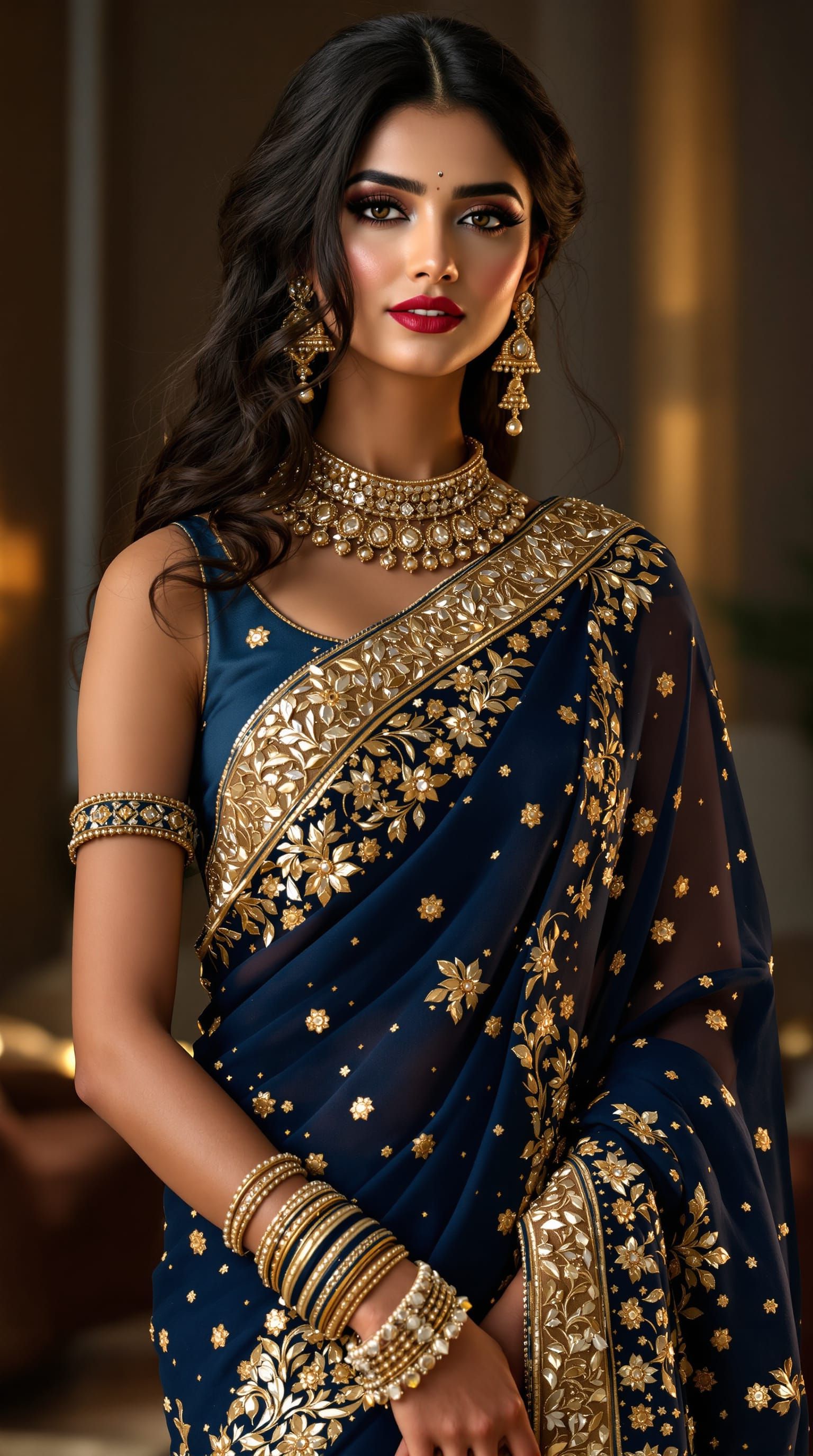Glamorous Indian Woman in Sequined Bollywood Saree