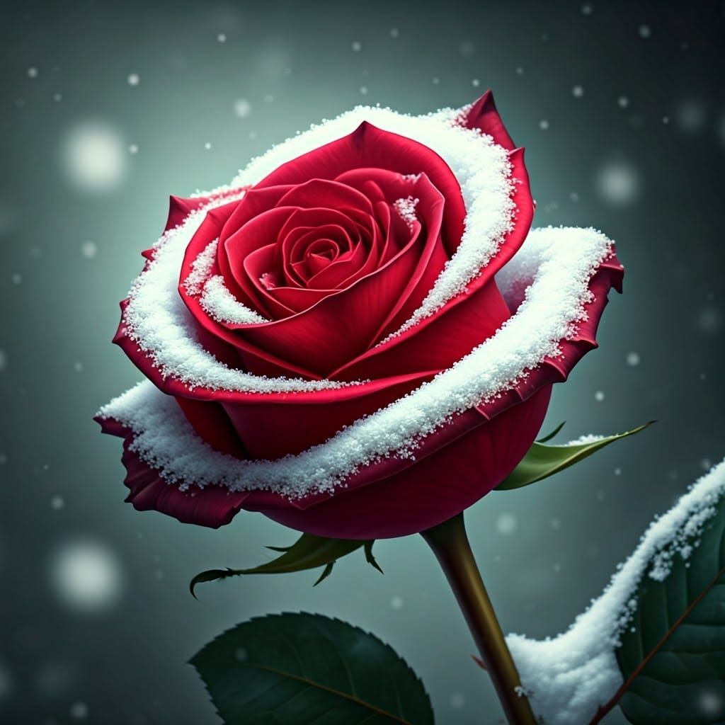 Red Rose in Snow with Gems