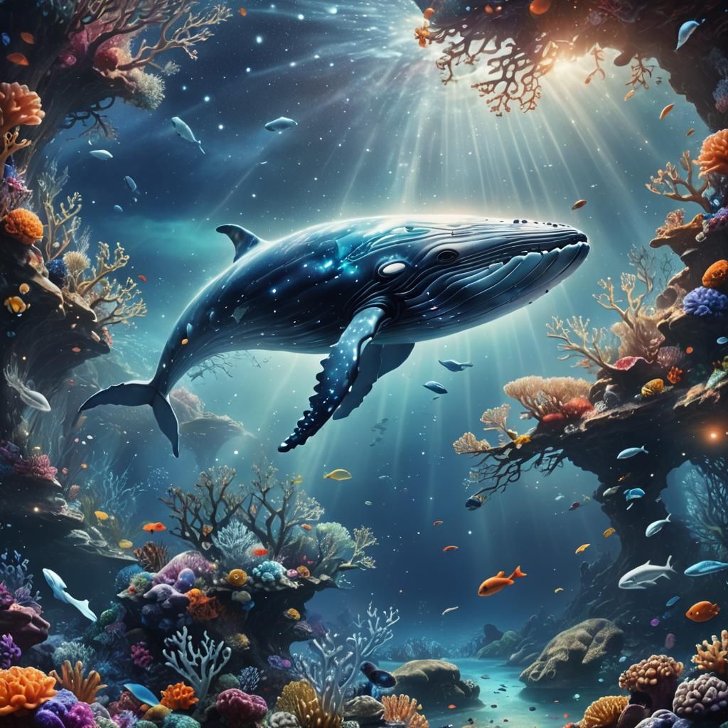 Frosted Glass Whale Swimming Through Cosmic Reef
