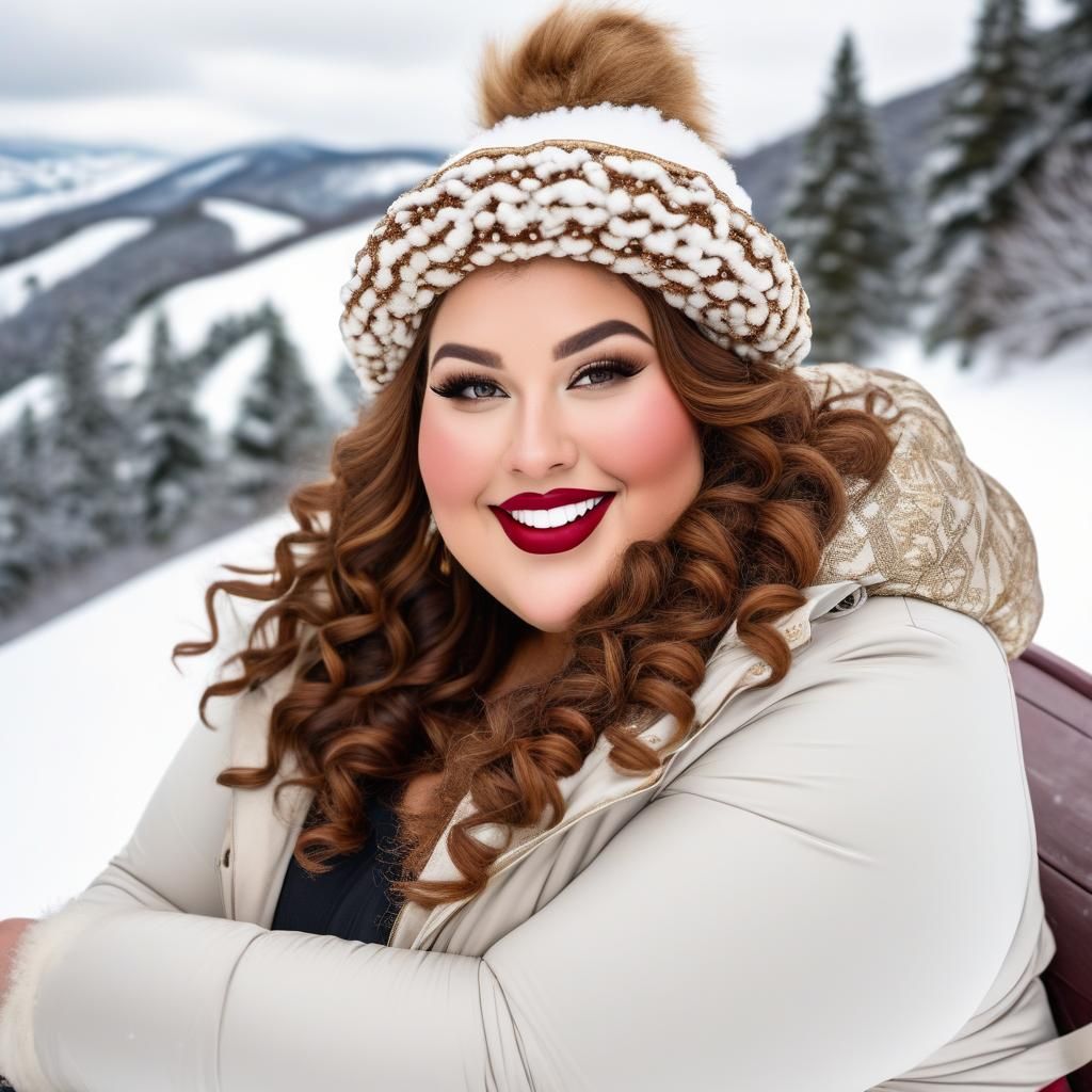 Curvy Woman on Toboggan in Winter Wonderland