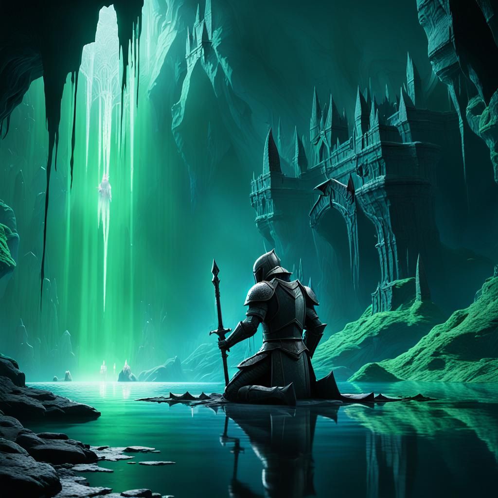 Knight and Spirits in Emerald Cavern Lake