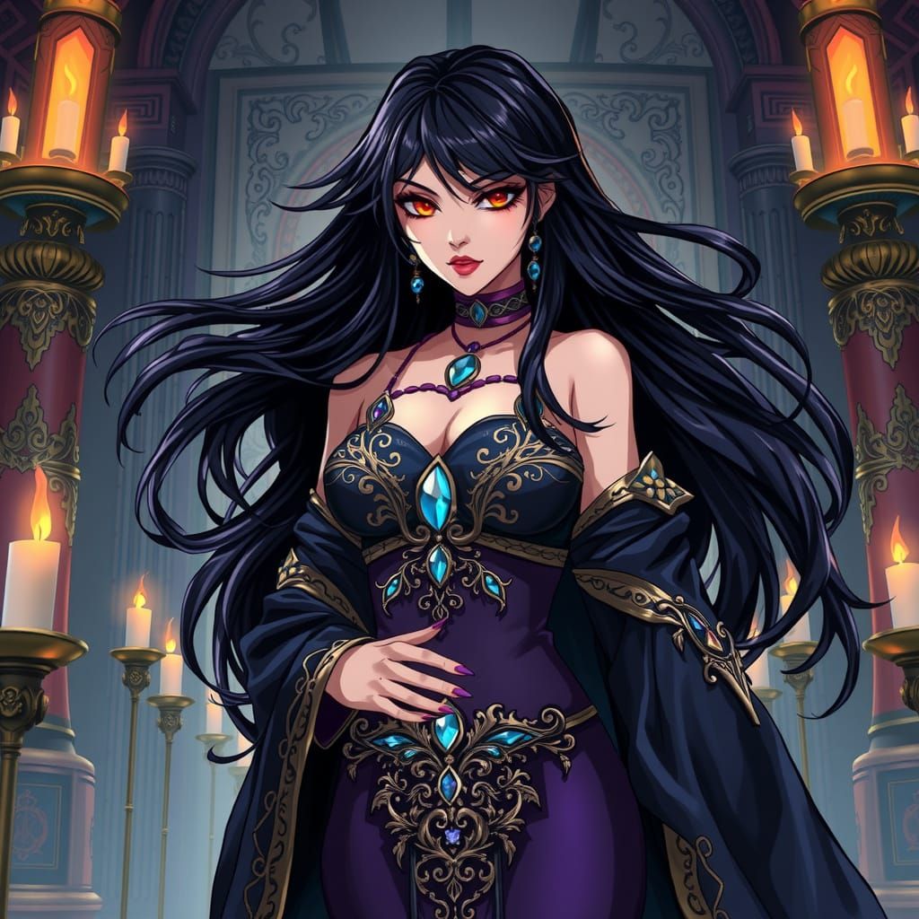 Mysterious Anime Priestess in Sensual, Gemstone-Encrusted Ro...