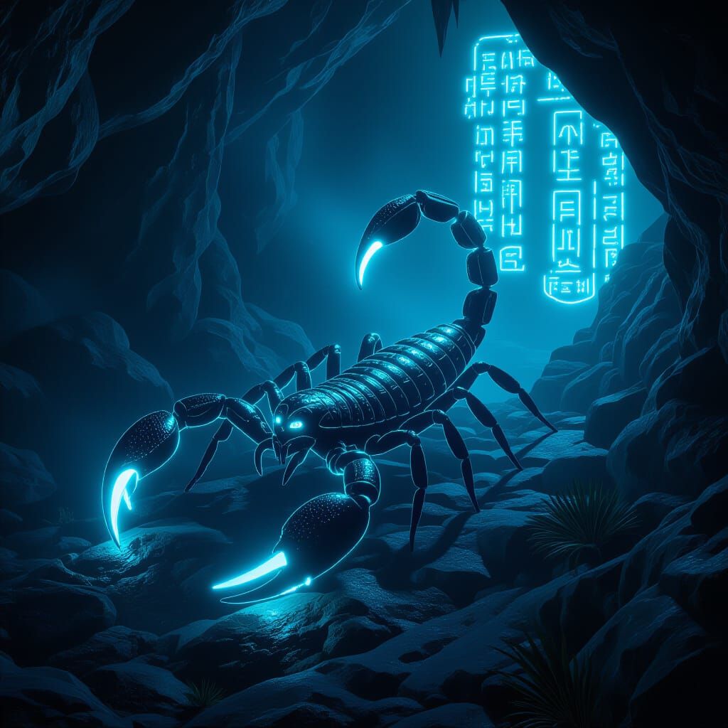 Bioluminescent Scorpion in a Glowing Cavern