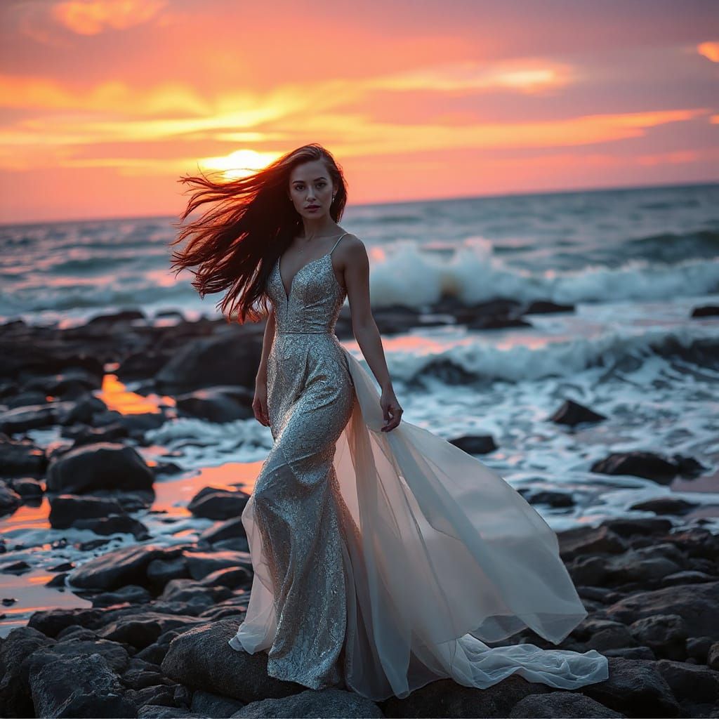 Elegant Woman on Rocky Shore at Sunset