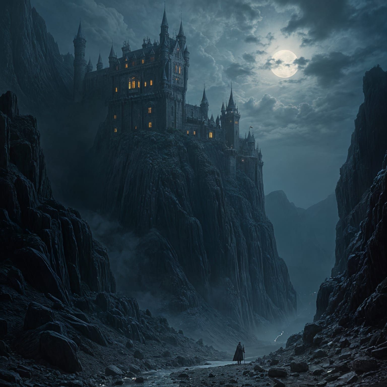 Medieval Castle Emerges at Midnight Under Starry Skies