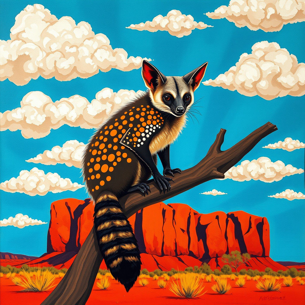 Flying Fox in Outback Landscape, Aboriginal Dot-Painting Sty...