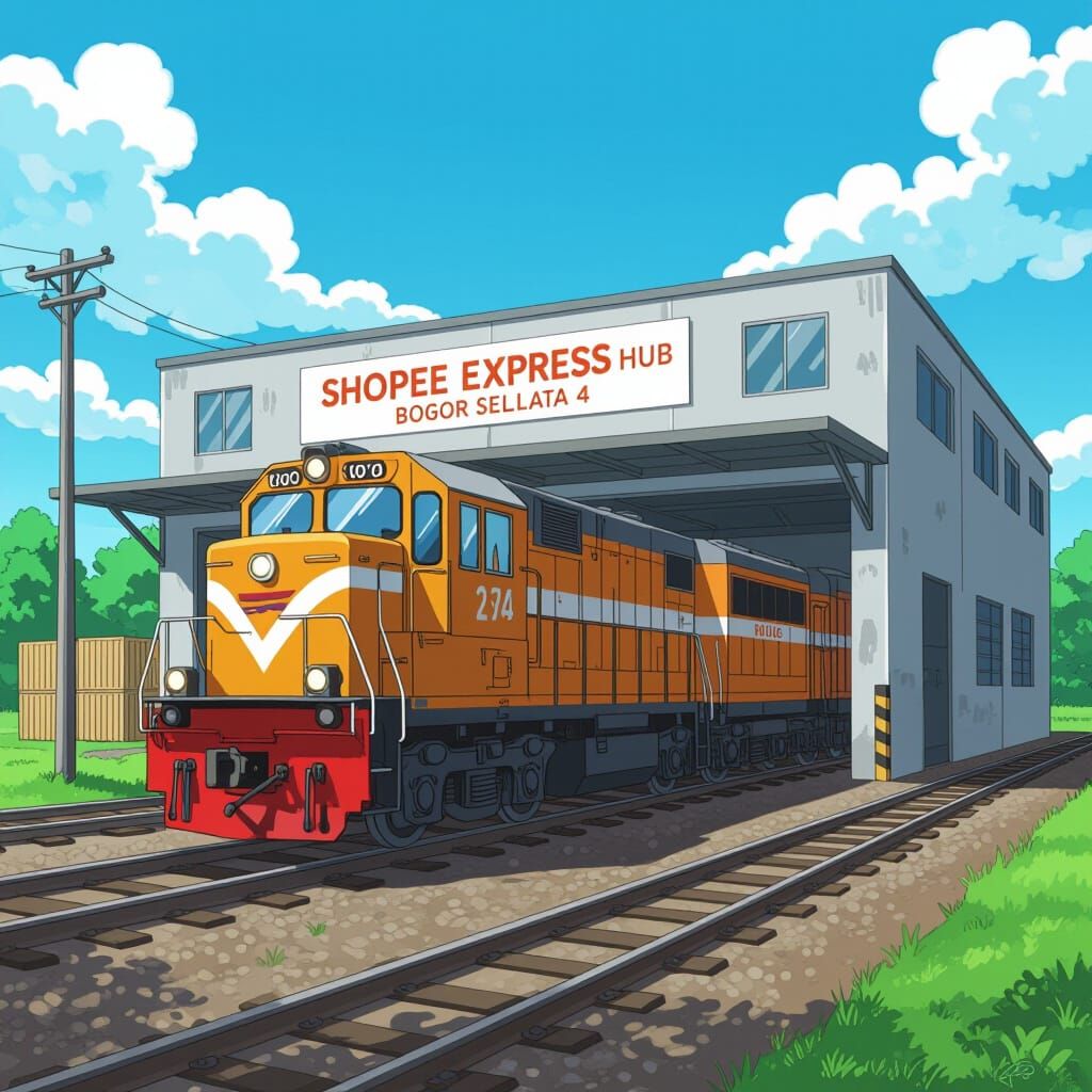 Cartoon Train and Shopee Express Hub in Anime Style