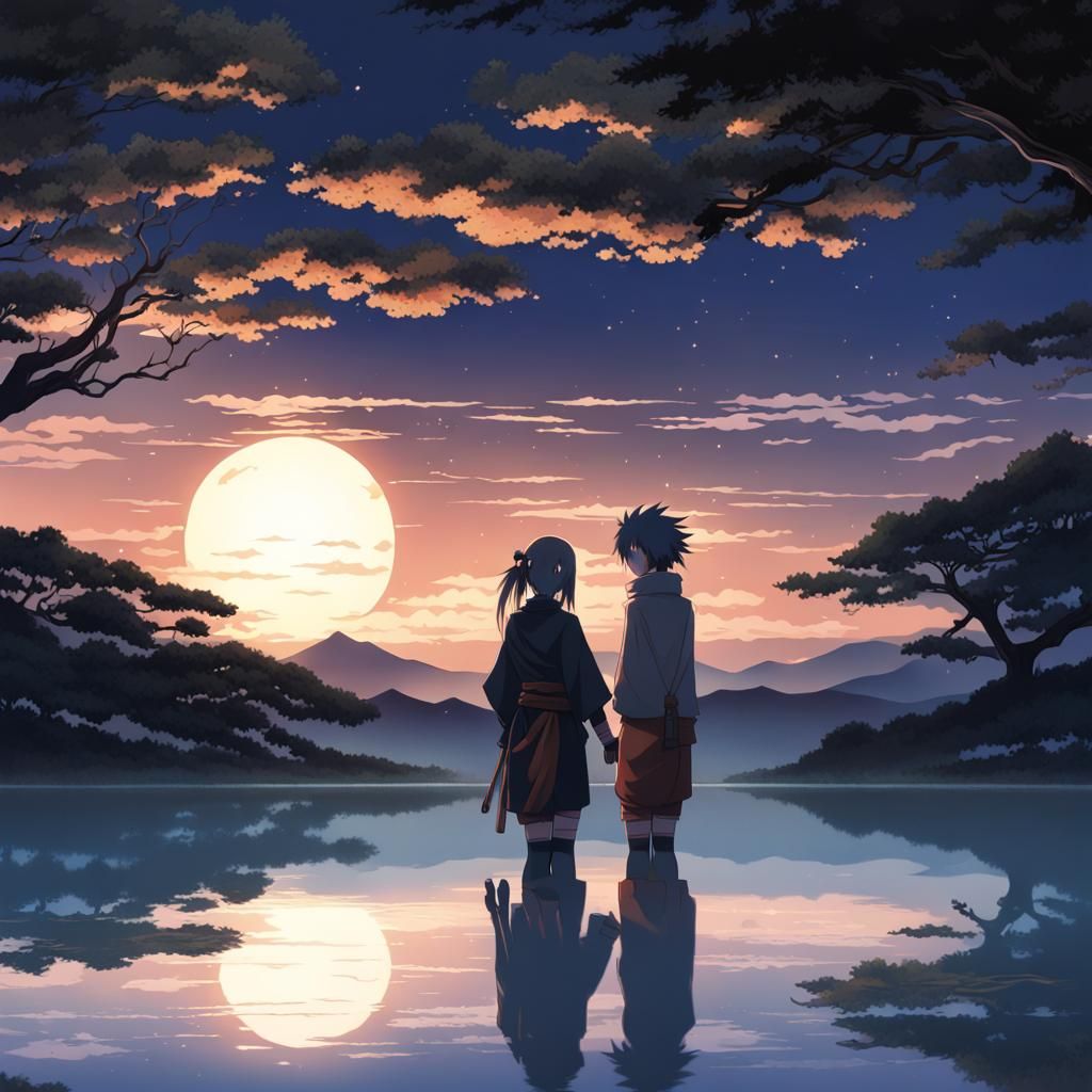 Romantic Ninja Couple in Anime Style Moonlight