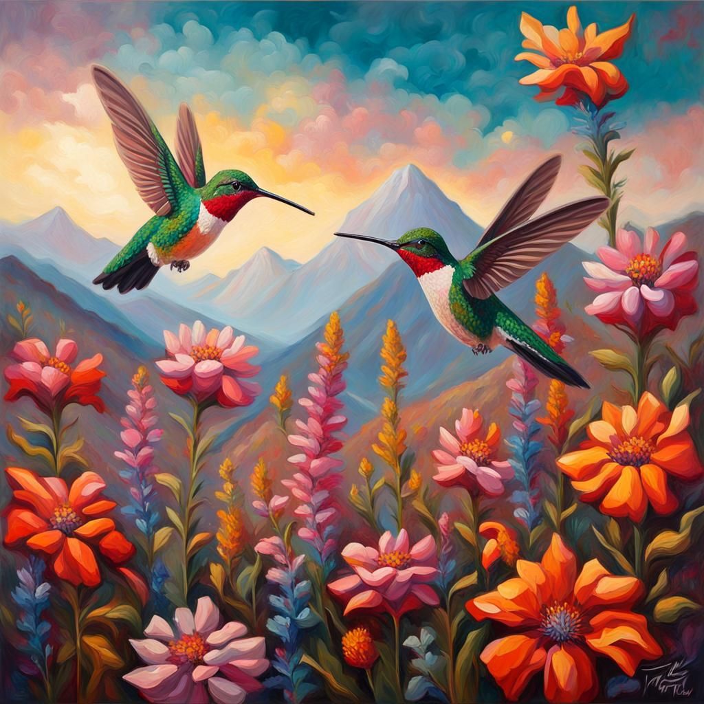 Hummingbirds Pollinating in a Neo-Impressionistic Landscape