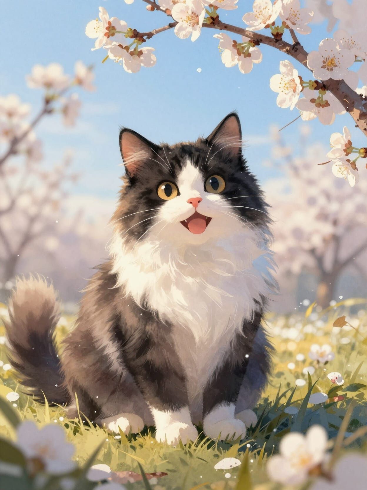 Cute Fluffy Cat in Spring Flowers with Snowfall