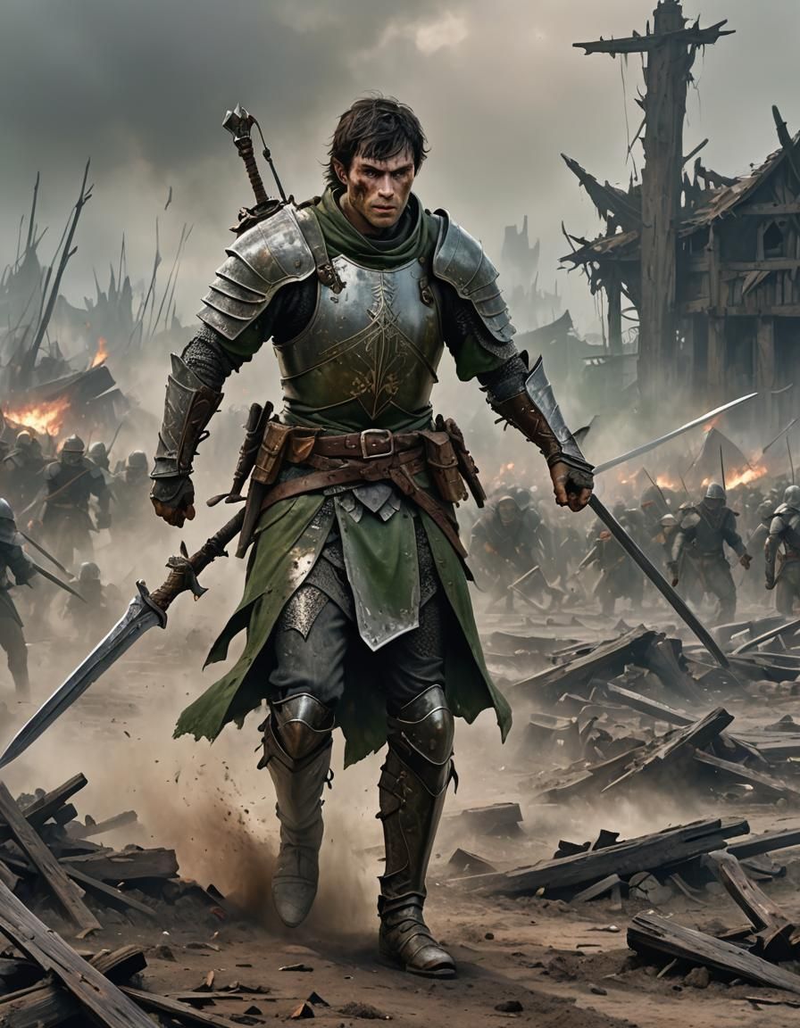 Half-Elf Soldier Strides Across Battlefield in Gothic Style