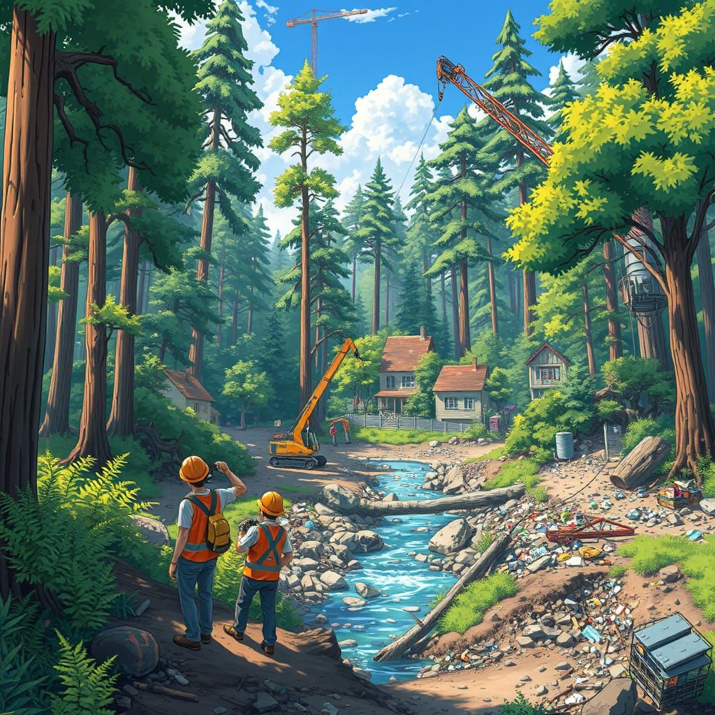 Anime Forest Destruction: Construction Site Scene