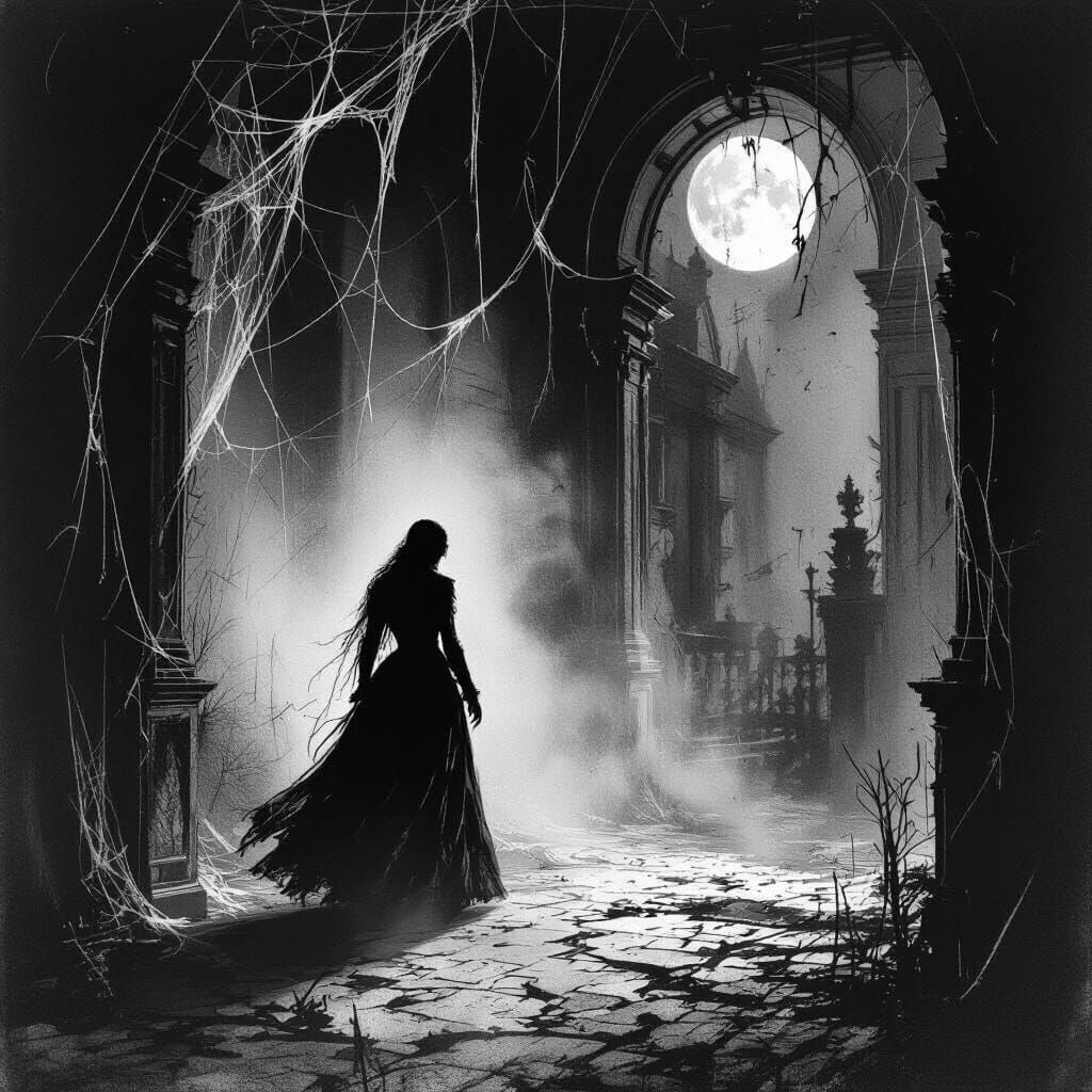 Spectral Figure Haunts Decaying Mansion