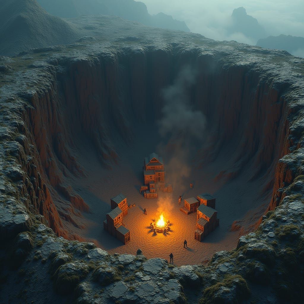 Miniature Village Inside Volcano Crater Concept Art