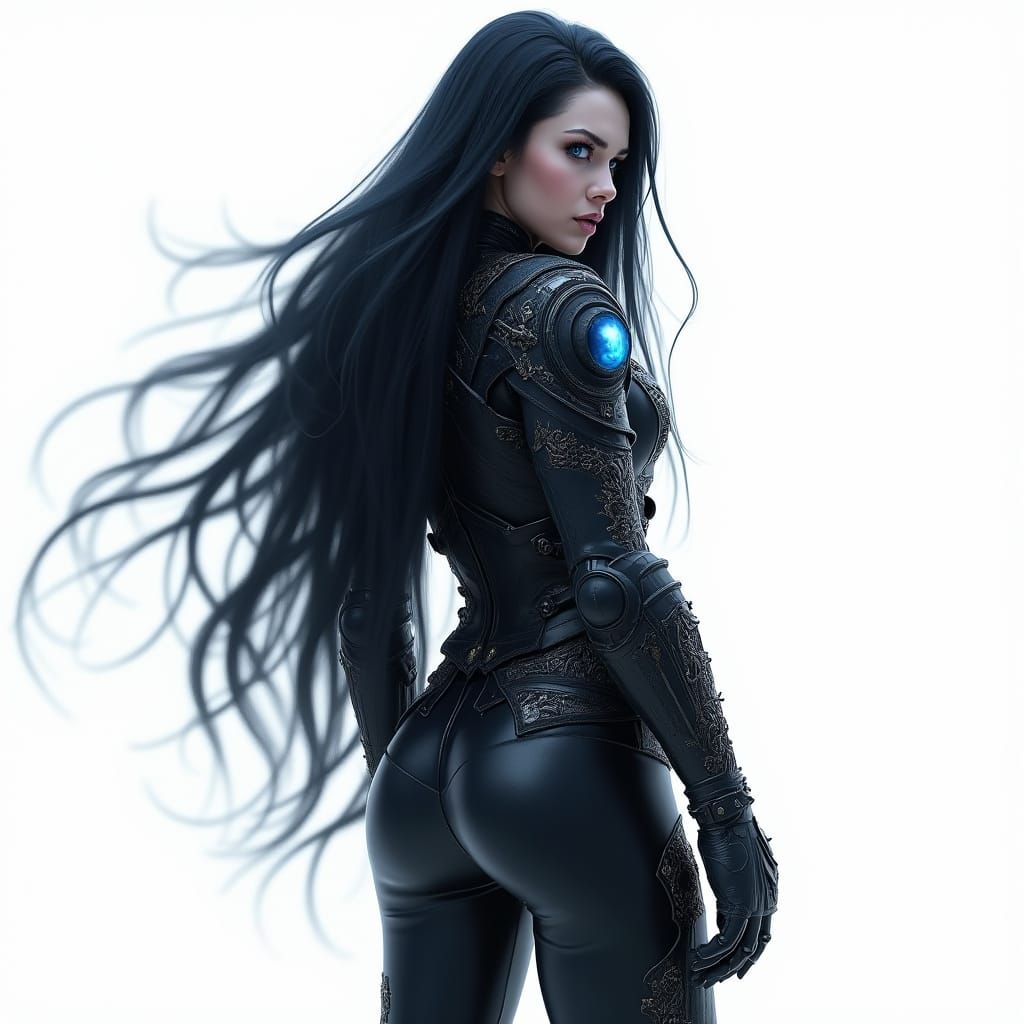 Cyber-Gothic Female Supervillain Portrait in High-Tech Armor
