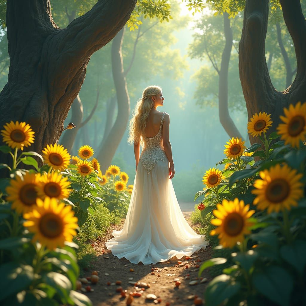 Blonde Bride in Forest of Sunflowers: Matte Painting