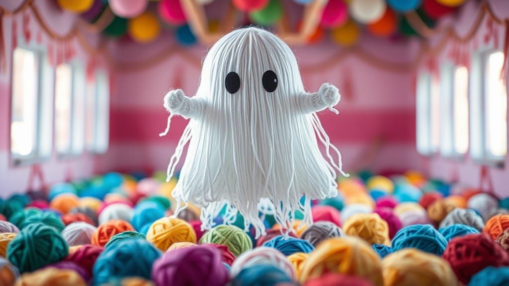 Yarn Ghost in Colorful Room, Cute Chibi Style